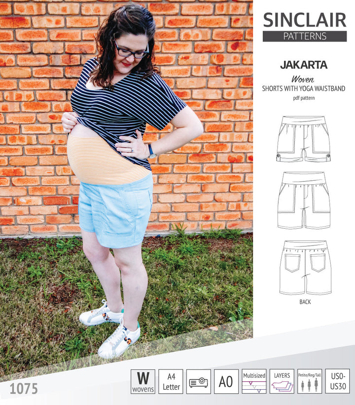 Pdf sewing pattern S1075 Jakarta woven shorts with pockets and yoga waistband by Sinclair Patterns