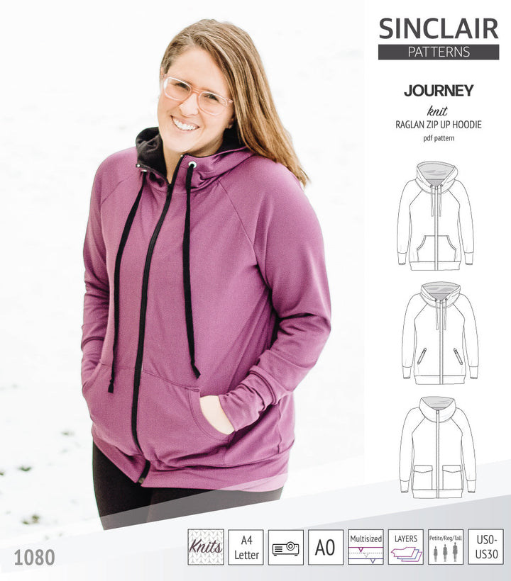 Sinclair Patterns S1080 Journey zip up zippered knit raglan hoodie for women with kangaroo, zippered or cargo pockets pdf sewing pattern