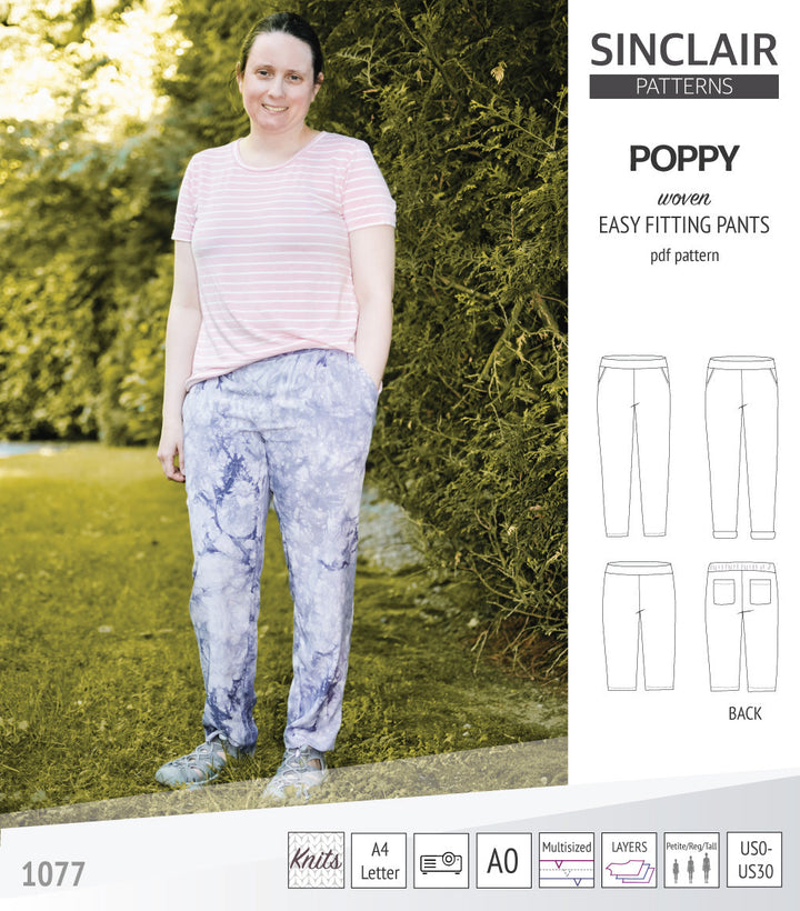 Poppy easy fitting pants for woven fabrics (PDF)