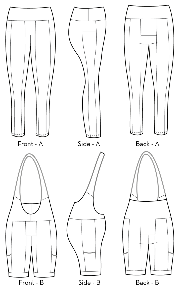 Rouleur Leggings pattern - technical drawings of Views A and B with Front, Side, and Back views