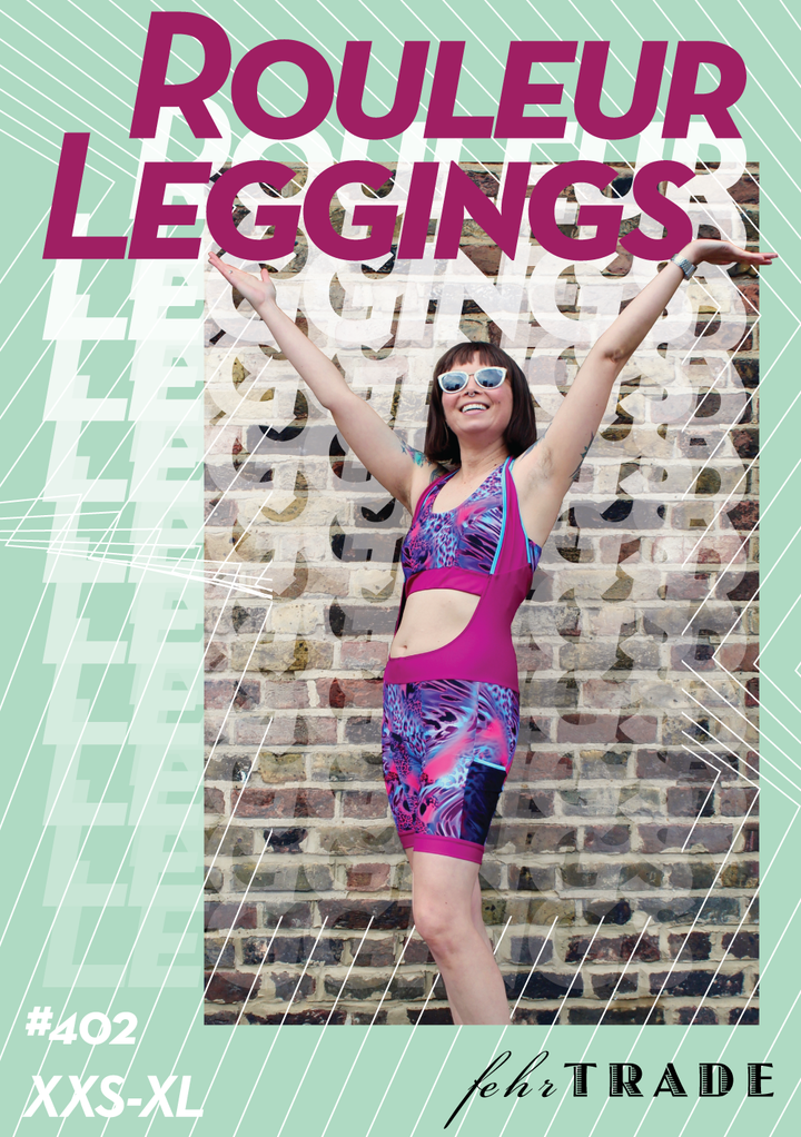 Rouleur Leggings - pattern cover featuring stylised text and image of woman in brightly coloured bib shorts and sunglasses with arms raised