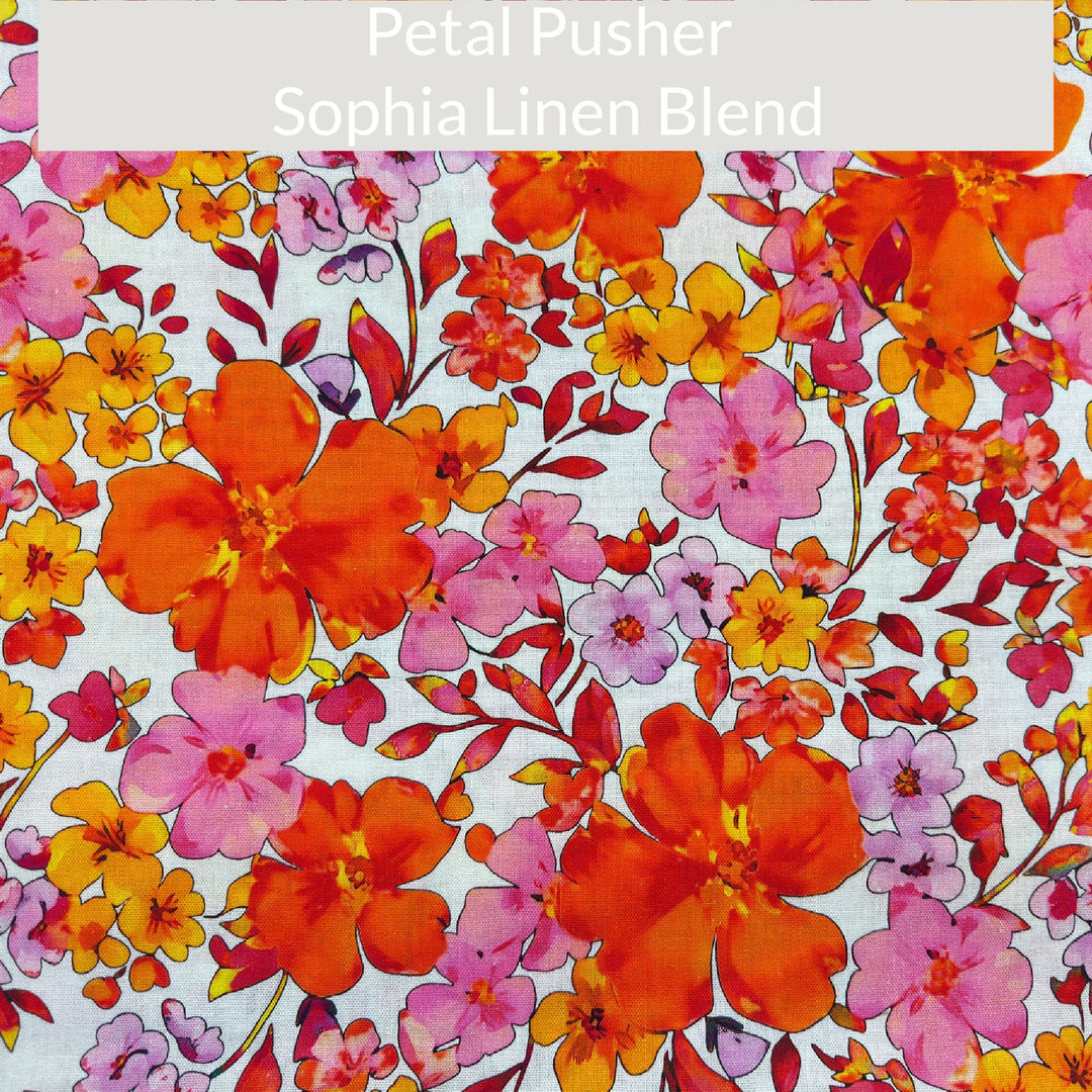 Colorful floral pattern with 'Petal Pusher Sophia Linen Blend' text on a  natural background