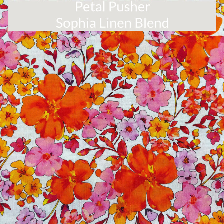 Colorful floral pattern with 'Petal Pusher Sophia Linen Blend' text on a  natural background