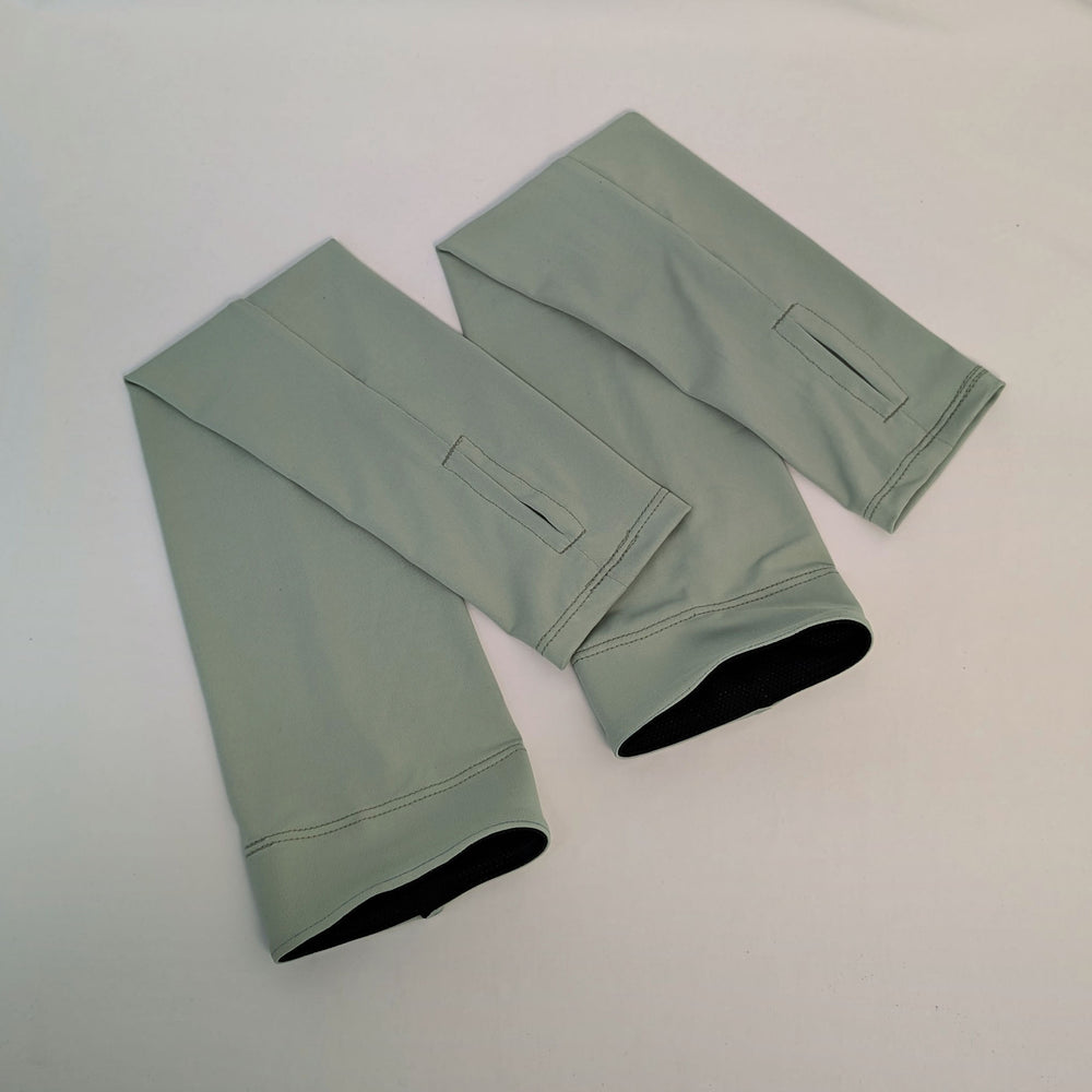One pair of finished Sun Sleeves in Olive Sun Lite Jersey