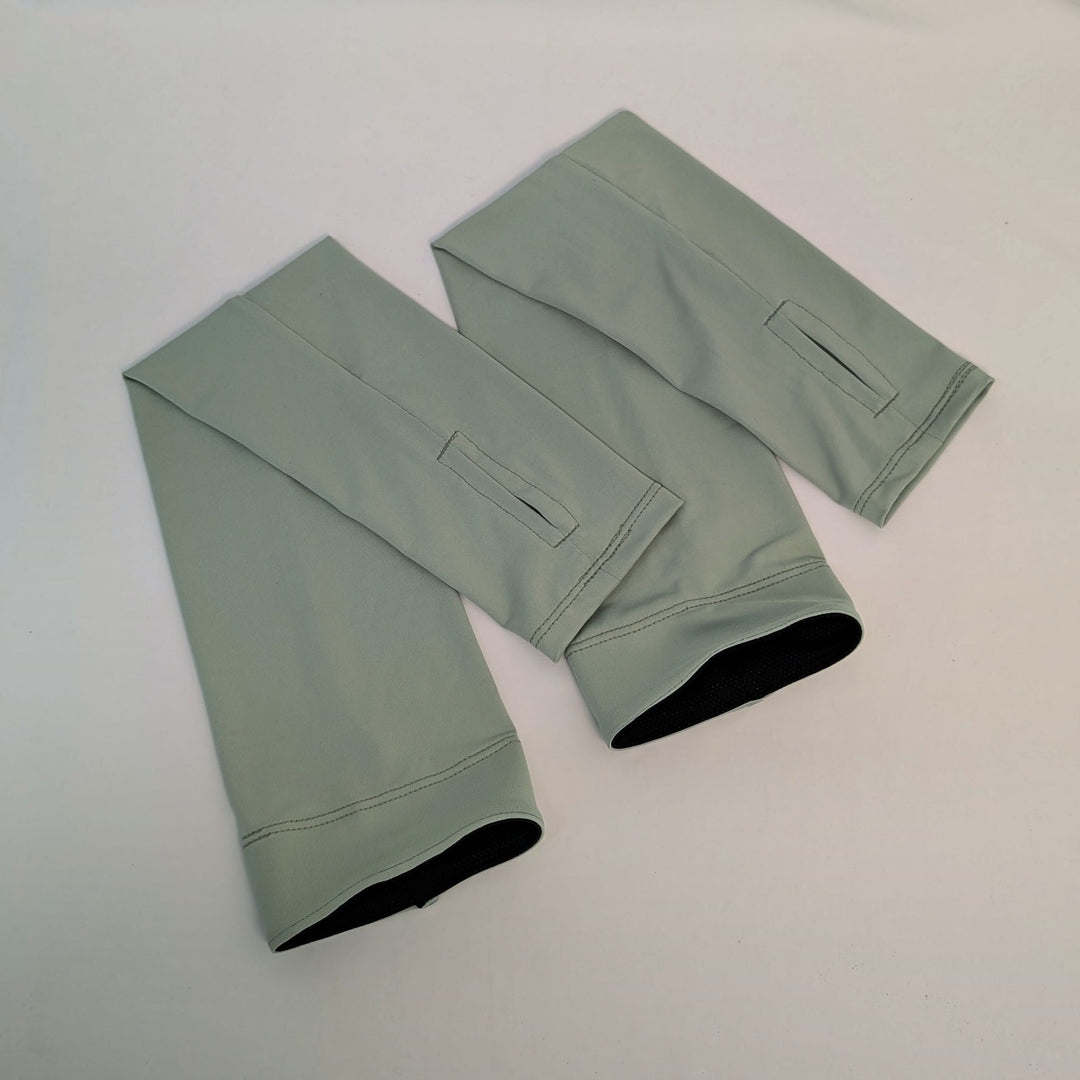 One pair of finished Sun Sleeves in Olive Sun Lite Jersey