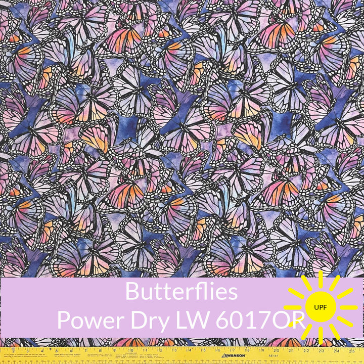 soft shades of yellow orange peach pink butterflies on soft purple water colour background polartec lightweight power dry fabric #color_6017or-butterflies