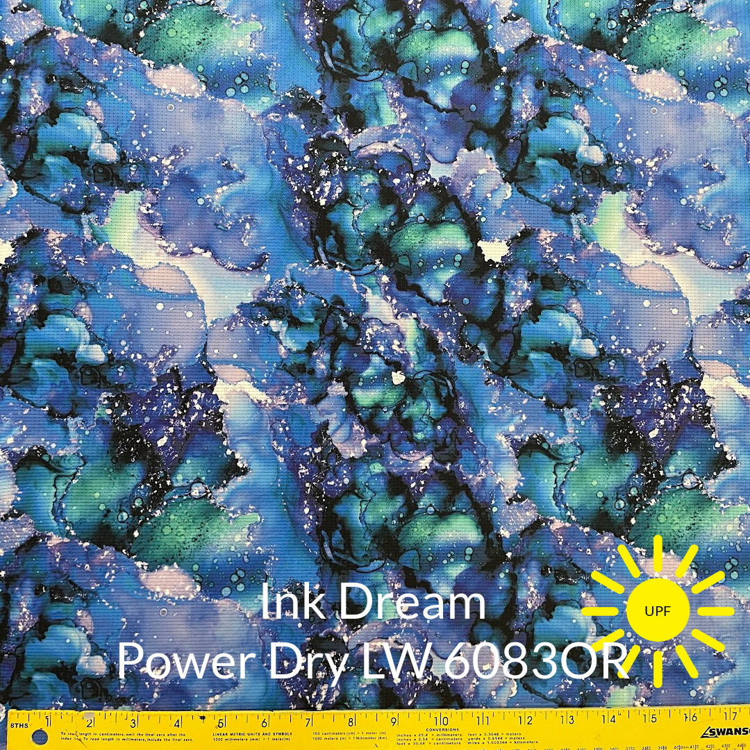 purple blue green black and white marble print lightweight polartec power dry fabric #color_6083or-ink-dream