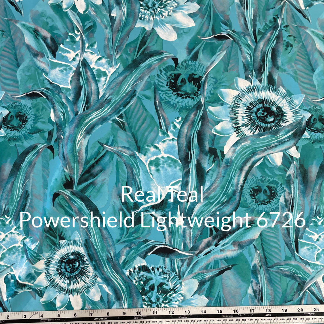 Flowers and Leaves in Teal Shades with White Grey Black Polartec Power Shield Lightweight