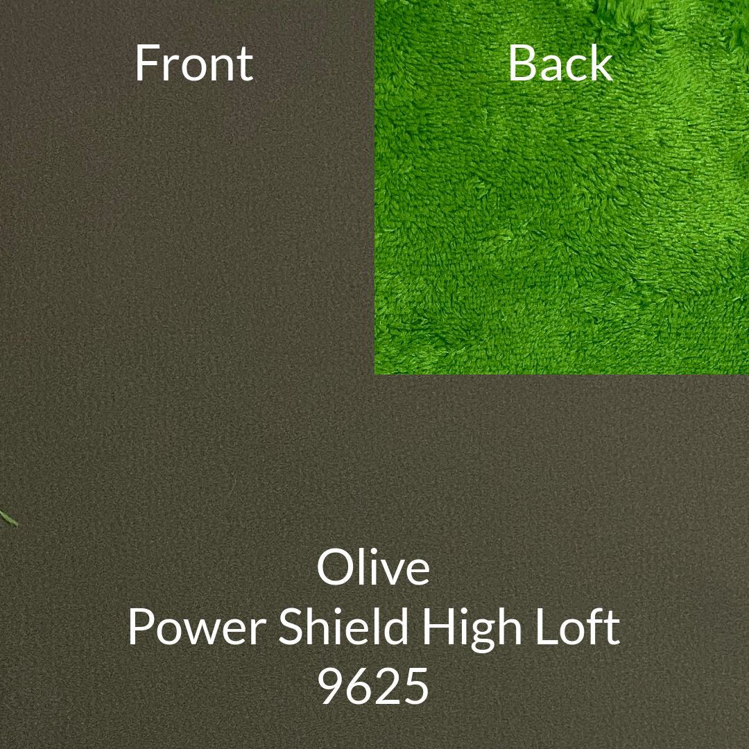 dark olive with kelly green back polartec power shield high loft softshell fabric