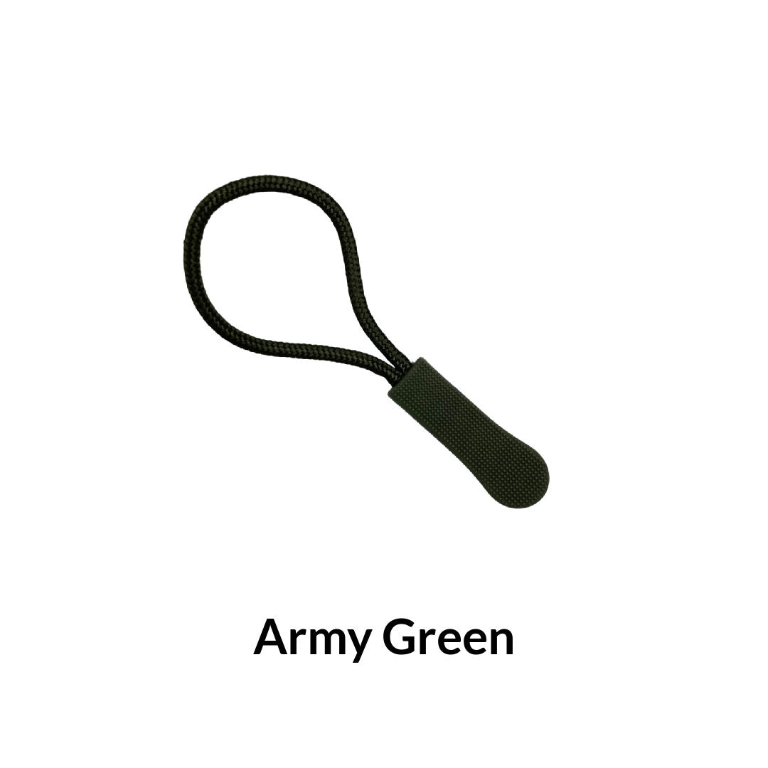 Army Green textured zipper pull with attached cord