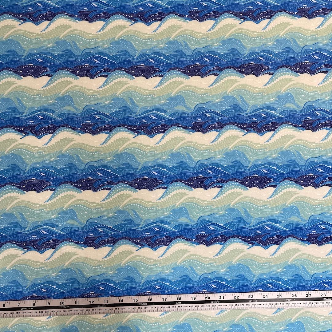 shades of blue and green waves polartec power dry heavy weight print fabric