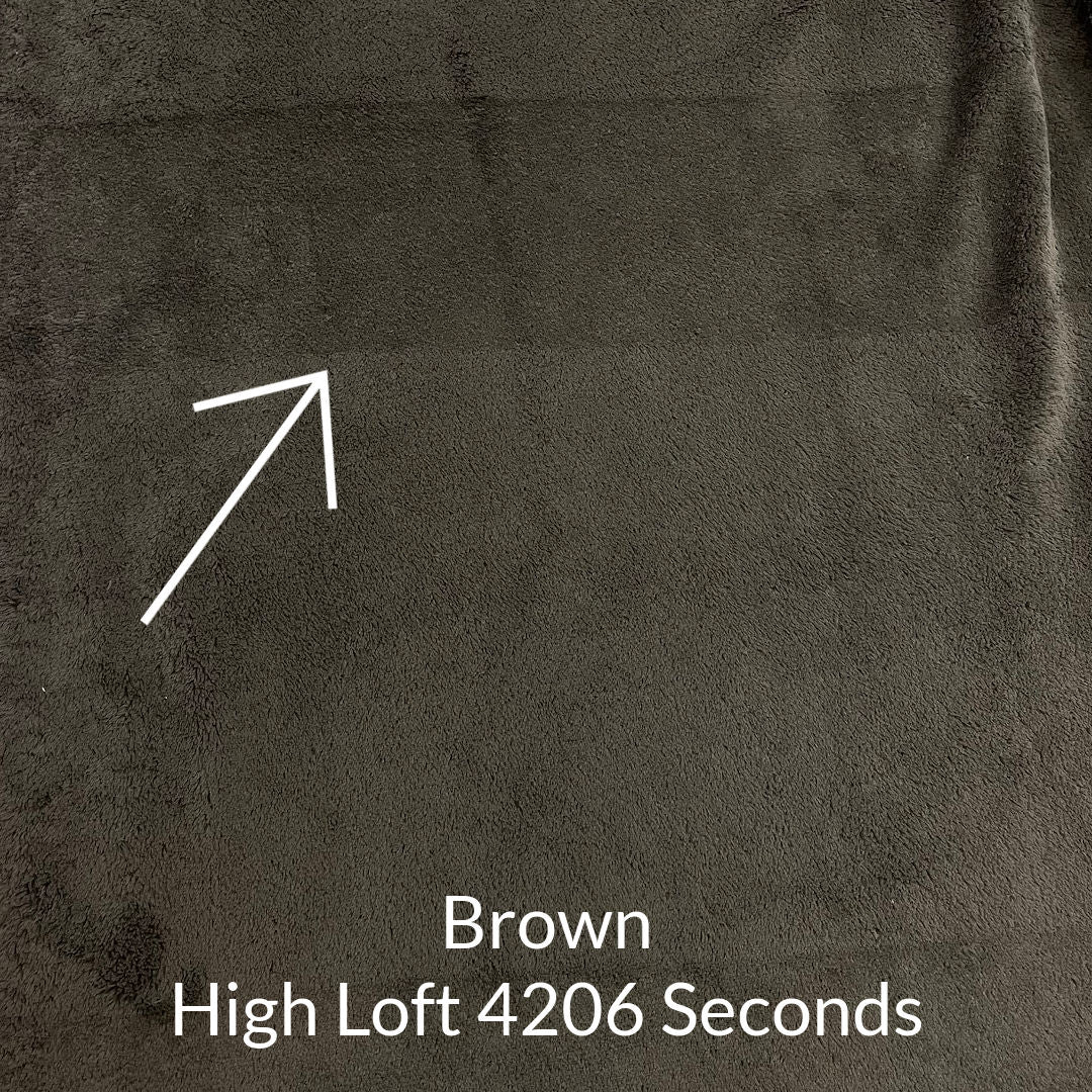 medium dusty brown polartec high loft fleece fabric seconds with arrow pointing out irregular shearing