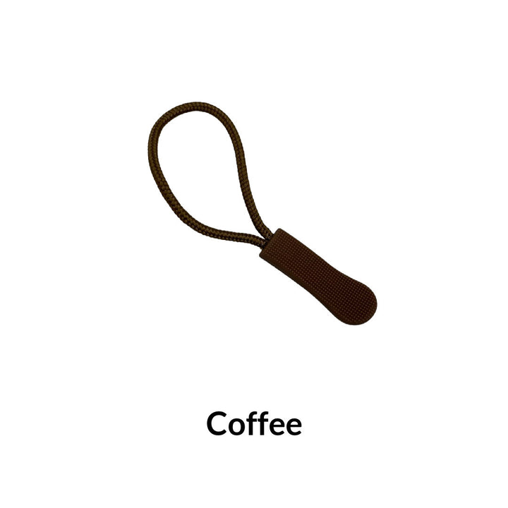 Coffee brown textured zipper pull with attached cord