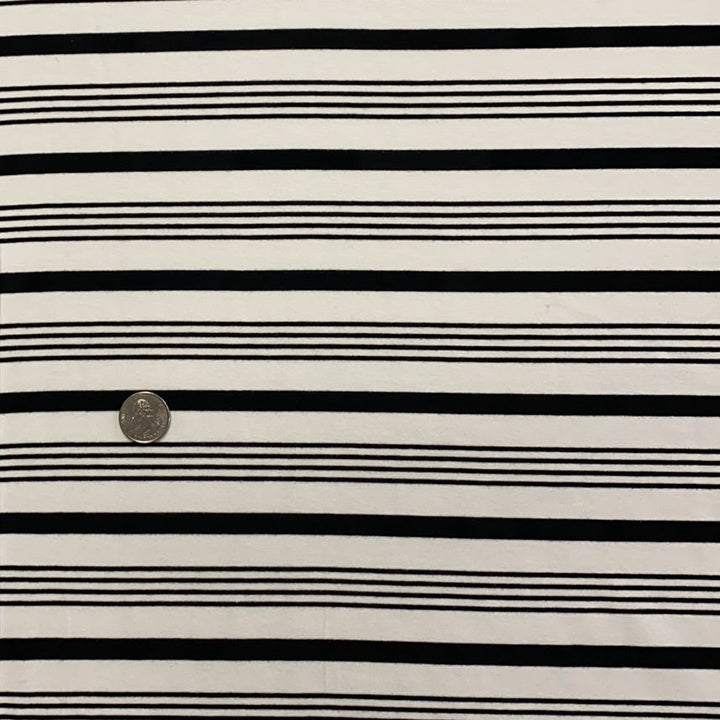 ivory with black varied stripe bamboo stretch jersey fabric