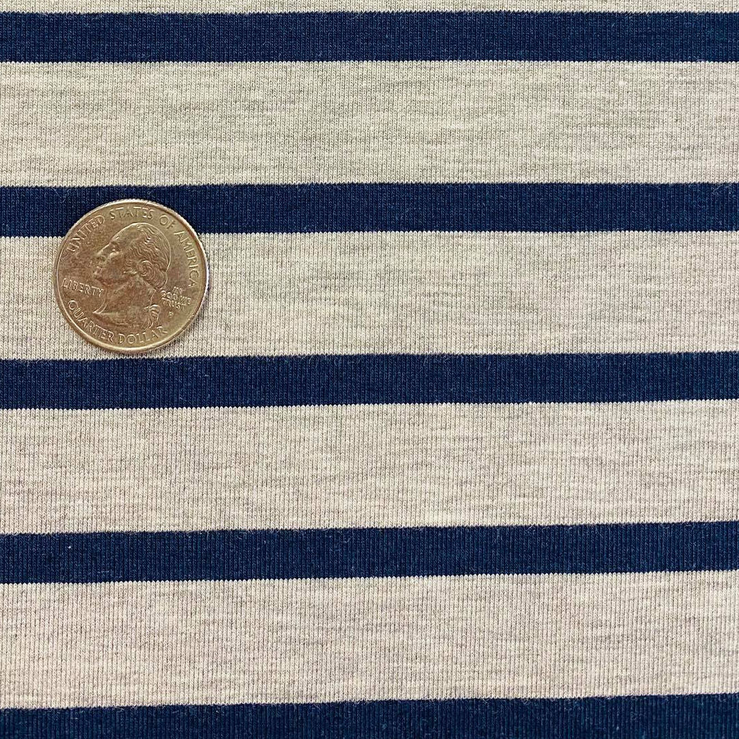 light grey with navy stripe bamboo stretch jersey fabric