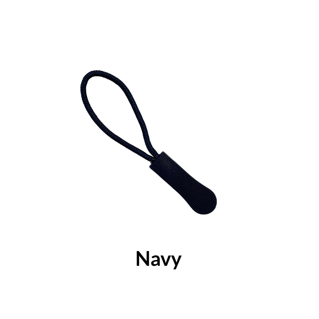 Navy textured zipper pull with attached cord