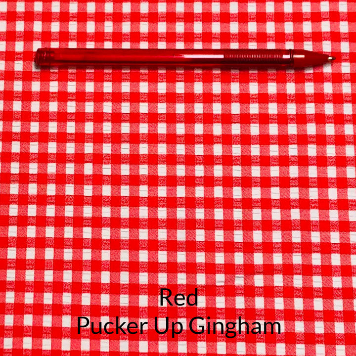 red and white puckered small check ginham stretch woven fabric