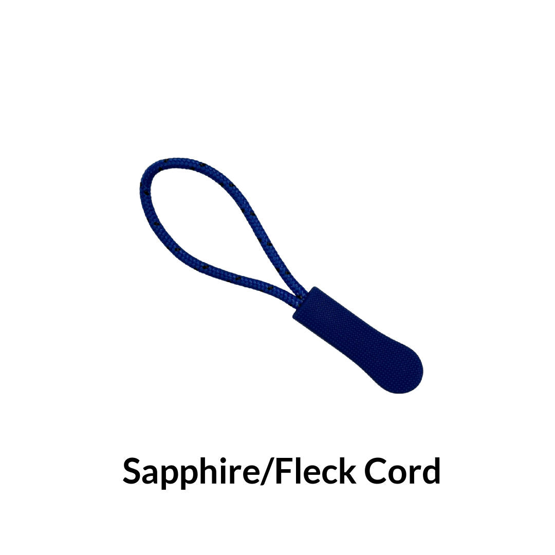 Sapphire textured zipper pull with attached sapphire cord flecked with black