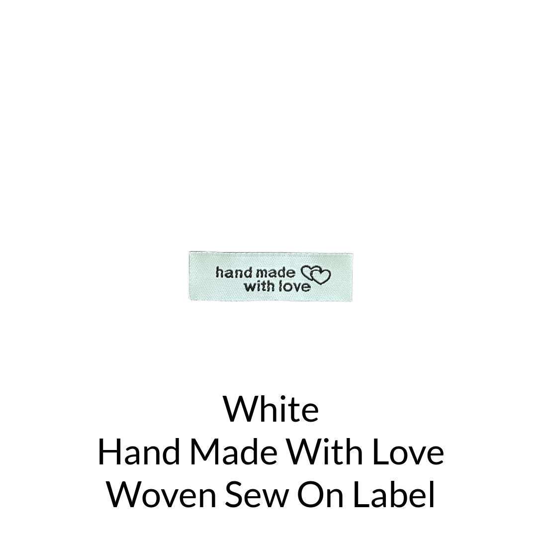 Black writing on white background woven sew on label