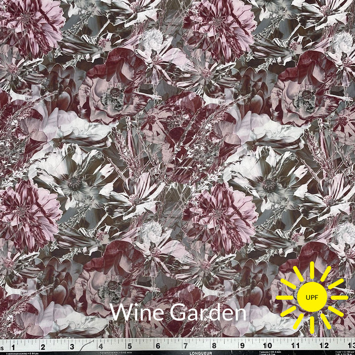 maroon olive and pale pink abstract floral print on white background sun protective breathe tek athletic fabric