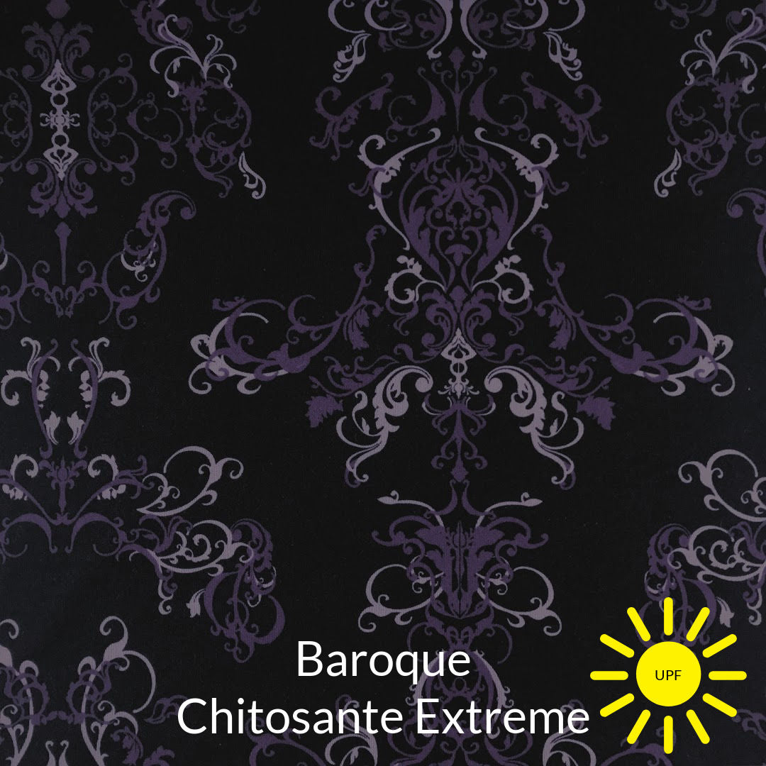 purple and lavender baroque print on black chitosante extreme antimicrobial fabric